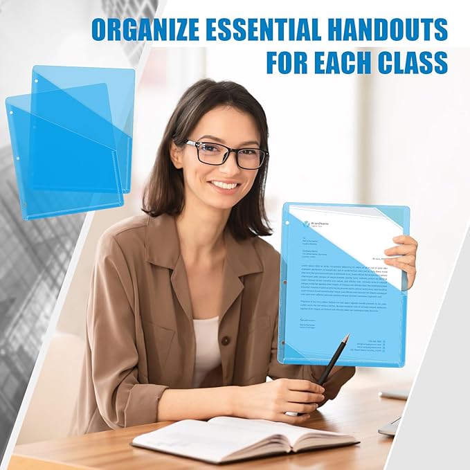 Seajan 100 Pcs Pocket Folders for 3 Ring Binder Clear Plastic Folders Sleeves with 2 Pockets 3 Hole Punch Binder Dividers Poly Slash File Jackets for Office School Document Organizer (Blue)