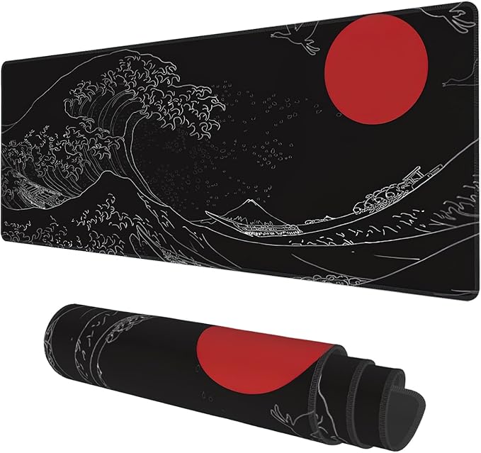 Desk Mat, Black Japanese Style Wave and Red Sun Extended Gaming Mouse Pad Large, 31.5"x11.8" Big Mouse Pad with Non-Slip Base and Stitched Edge, Long Computer Keyboard Mouse Mat for Home Office Work