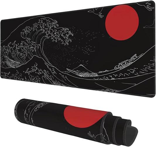 Desk Mat, Black Japanese Style Wave and Red Sun Extended Gaming Mouse Pad Large, 31.5"x11.8" Big Mouse Pad with Non-Slip Base and Stitched Edge, Long Computer Keyboard Mouse Mat for Home Office Work