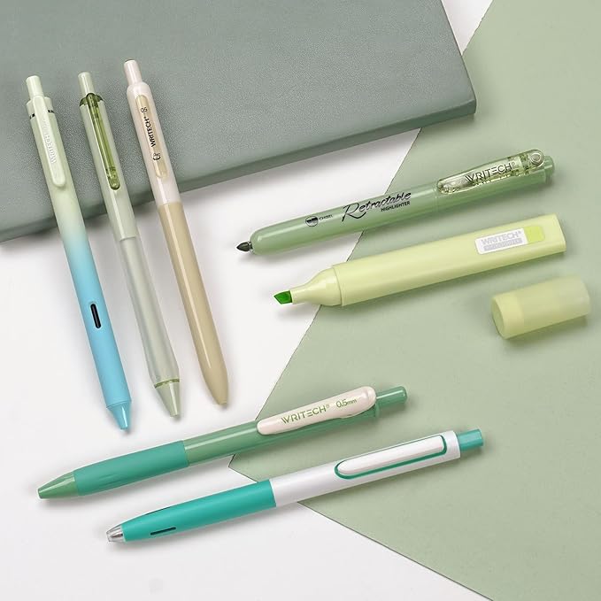 WRITECH Gel Pens Journaling Highlighters: Journal Set Aesthetic Assorted Pastel Color Ink 0.5mm Fine Point Retractable 0.7mm Black Pen Smooth Writing Drawing No Bleed 7ct (Green)