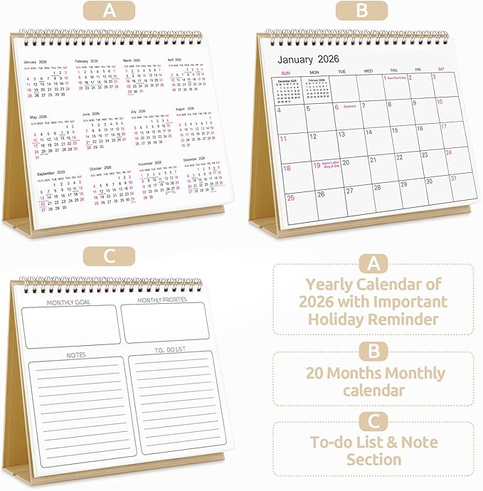 SKYDUE Small Desk Calendar 2025-2026, Jul. 2025 to Dec. 2026, 18 Months Small Desk Calendar with Planner Stickers, 8.5" x 7" Desktop Calendar Planner, Kraft