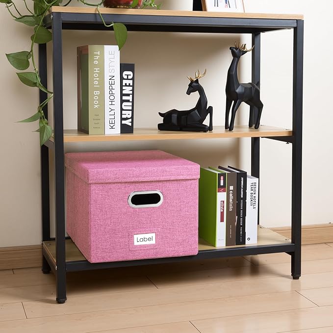 PRANDOM File Organizer Box - Set of 2 Collapsible Decorative Linen Filing Storage Hanging File Folders with Lids Office Cabinet Letter/Legal Size Pink (17x14x11.2 inch)