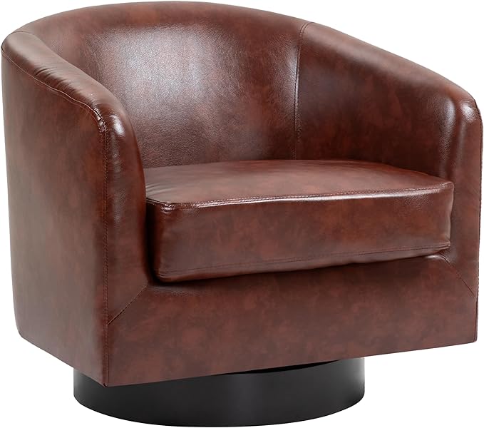 UIXE Faux Leather Swivel Accent Chair with Wood Base, Modern Upholstered Barrel Chairs for Living Room, Comfy Round Armchair Single Sofa Bedroom Reading Seat - 31" W, Red Brown