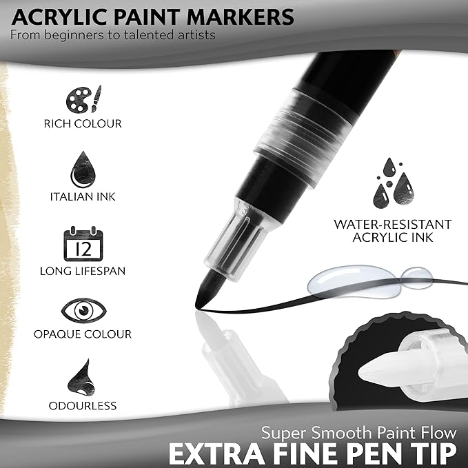 Stylo 8 Count Acrylic Metallic Pens - White, Black, Gold and Silver Fine Tip Permanent Acrylic Metallic Paint Pens for Glass, Wood, Back to School Supplies, Ideal for Arts and Crafts (8 Multicolor)