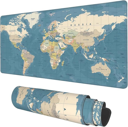 Desk Mat, Blue Vintage World Map Extended Gaming Mouse Pad Large, 35.4"x15.7" Big Mouse Pad with Non-Slip Base and Stitched Edge, Long Computer Keyboard Mouse Mat for Home Office Work