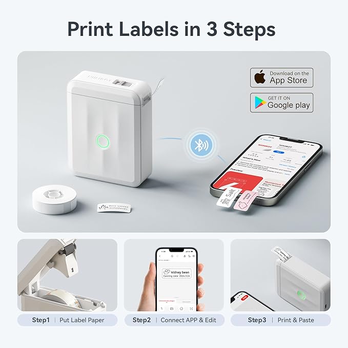 NIIMBOT D110 Upgraded Version Mini Label Maker Machine with 3 Tapes, Portable Bluetooth Thermal Printer, Sticker Labeler with Multiple Templates for Office Organization Home Kitchen School, White