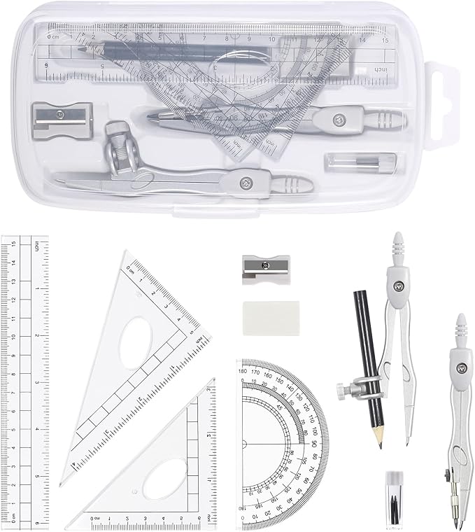 Math Geometry Kit Sets 10 Piece Student Supplies with Shatterproof Storage Box,Includes Rulers,Protractor,Compass,Eraser,Pencil Sharpener,Lead Refills,Pencil,for Drafting（White）