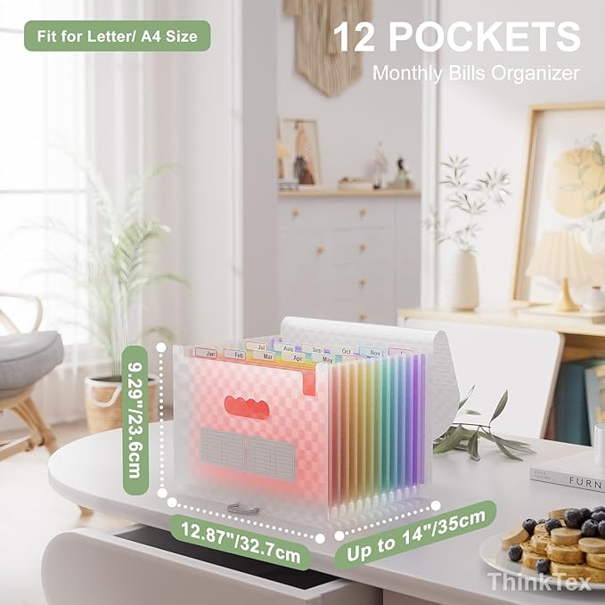 ThinkTex Accordion File Organizer, 12 - Pocket Expanding File Folders for Paper Receipts, Bills&Taxes Organizer, Letter/A4 Size Document Holder for School, Office, Home with Colorful tabs- Pink