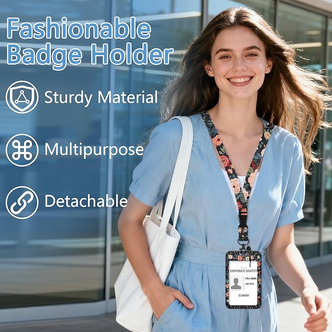 Floral Lanyard with Id Holder,Retro ID Badge Holder with Retractable Lanyard, ID Holder with Badge Reel Clips, Name Tag ID Card Holder Teacher Women Doctor Office Gift