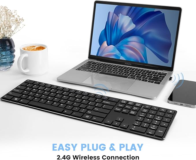 K01R Wireless Keyboard, 2.4G Slim and Compact Wireless Keyboard with Numeric Keypad, Long Battery Life, Lag-Free for PC Laptop Computer Windows, Black