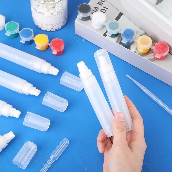 Sabary 10 Pcs Refillable Paint Markers 10 mm Empty Acrylic Markers Blank Flat Head Graffiti White Fillable Paint Pen with 5 Pcs 3 ml Dropper for Oil Water Ink Art Painting Craft Kit