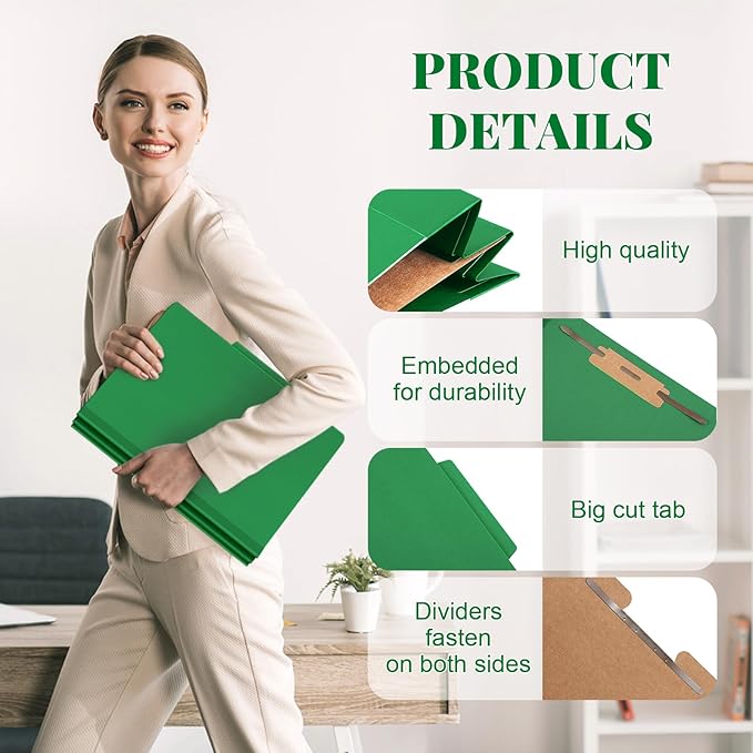 Skyygemm 48 Pcs Classification Folders Letter Size, Back to School Supply for Teacher, Student, 1 Divider Pressboard File Folder Bulk with 2 Fasteners, 3.5 Inch Expanding File Organizer (Dark Green)