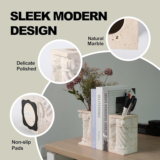 Roman Column Book Ends Decorative, 4-in-1 Heavy Duty Marble Bookend for Shelves, Unique Pen Holder & Mini Flower Vase, Classic Greek Statue for Office Home Desk Decor (2PC, Beige)