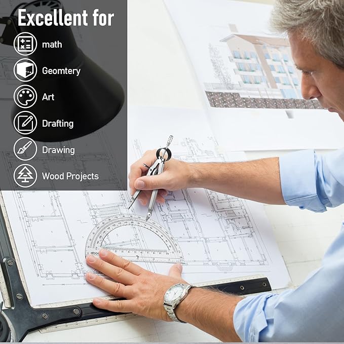 EBOOT Student Geometry Math Set, Drawing Compass and 6 Inch Clear Swing Arm Protractors 180 Degree Math Protractor (Silver)