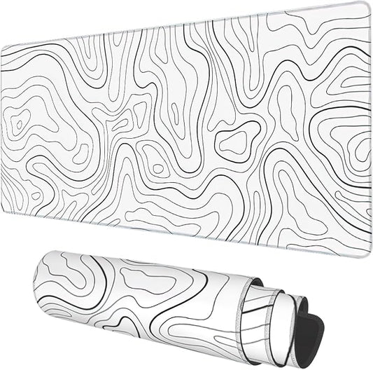 Desk Mat, White Topographic Contour Map Extended Gaming Mouse Pad Large, 35.4"x15.7" Big Mouse Pad with Non-Slip Base and Stitched Edge, Long Computer Keyboard Mouse Mat for Home Office Work