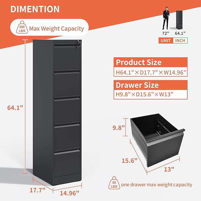 5 Drawer File Cabinet,Metal Filing Cabinets for Home Office,Vertical File Cabinet with Lock,Heavy Duty Metal Storage Cabinet for A4/Letter/Legal Size Files,Assembly Required