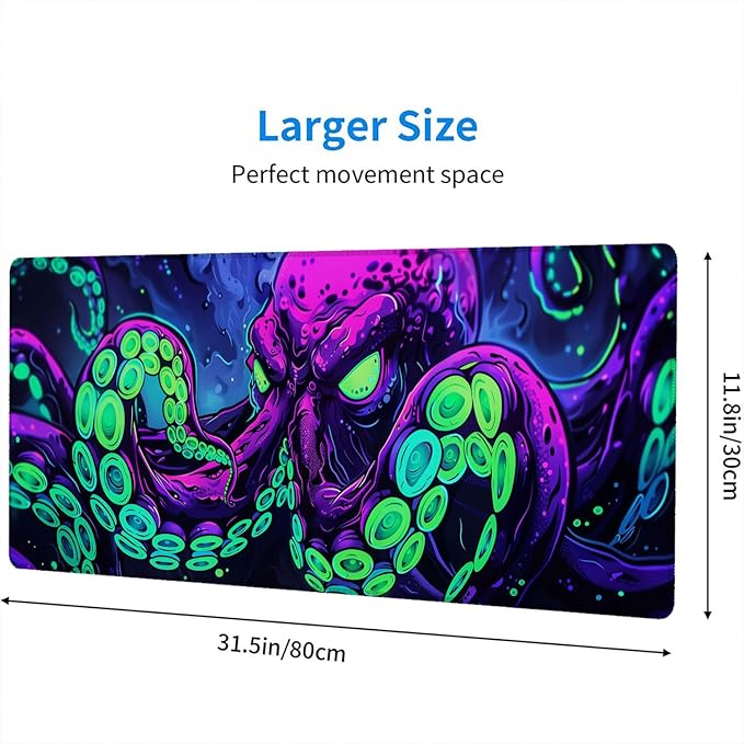 Octopus Desk Mat Gaming Mouse Pad Neon Cthulhu Monster Cool XL Mouse Pad Large Mousepad Extended Laptop Keyboard Mat Gaming Desk Pad Mouse Mat Office Computer Keyboard Laptop Home 31.5"x11.8"