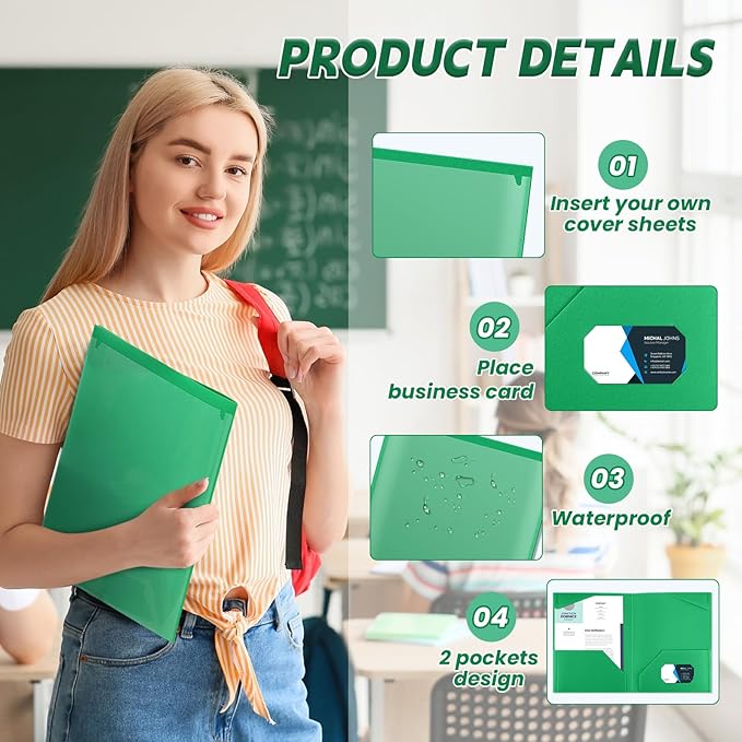 Henoyso 36 Pcs Plastic Folders with Clear Front Pockets Heavy Duty File Folders with 2 Pockets and Card Slot for Student Communication School Office Presentation Report (Green)