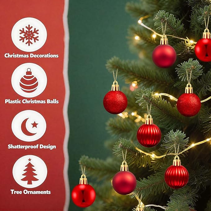 Set of 24 Small Red Christmas Ornaments Balls for Christmas Tree, 1.2 inch Mini Red Ornaments for Mini Tree, Tiny Plastic Shatterproof Hanging Bulbs Xmas Valentine Party Indoor Outdoor Decorations