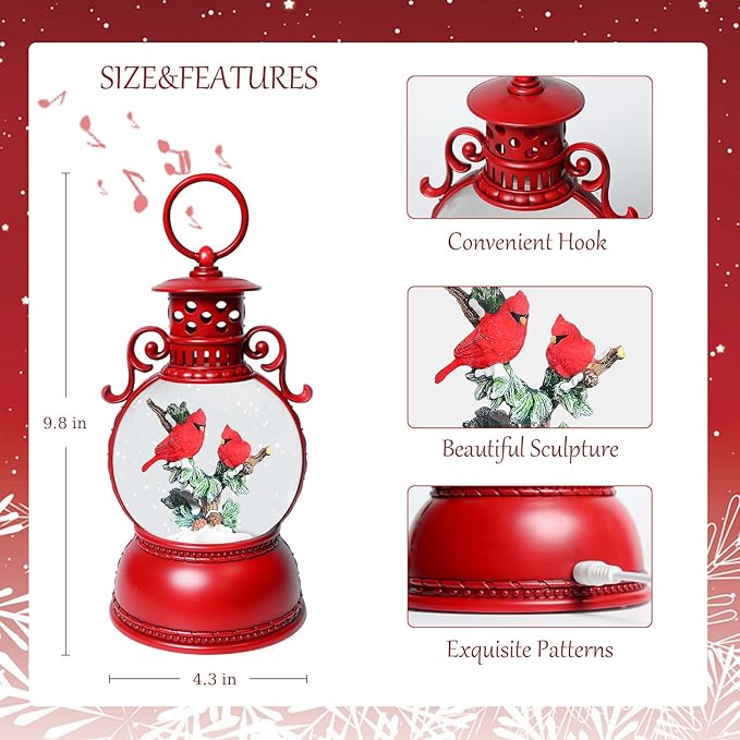 Christmas Snow Globes, Cardinal Christmas Snow Lantern with 8 Songs, 6H Timer Battery & USB Powered Glitter Music Box for Christmas Table Decorations Home Decor