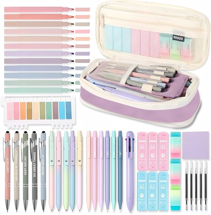 56PCS Aesthetic School Supplies Cute Stationary Set with Large Pencil Case, Stylus Ballpoint Pens, Highlighters, Gradient 0.7mm Gel Pens,Mechanical Pencils 0.5-0.7mm, College Student Essential(purple)