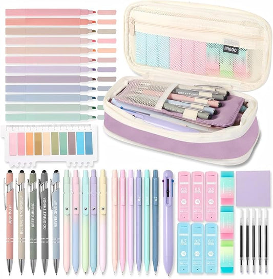 56PCS Aesthetic School Supplies Cute Stationary Set with Large Pencil Case, Stylus Ballpoint Pens, Highlighters, Gradient 0.7mm Gel Pens,Mechanical Pencils 0.5-0.7mm, College Student Essential(purple)