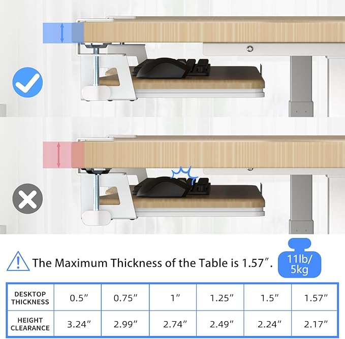 suptek Small Keyboard Tray Under Desk Pull Out with C Clamp Mount for Computer Keyboard, 20 (24.2 Including Clamps) x 11.8 inch Slide-Out Platform Computer Drawer for Typing, Light Wood, DSF1SQM