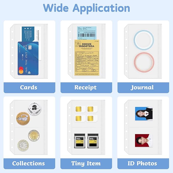 16 Pack Zippered Binder Pocket Sleeves for A7 Binder - Frosted Zipper Pouch Set Photo Card Jewelry Storage Organizer Binder Insert Refill Cash Saving Pages Protector Loose Leaf Bag (6-Hole)