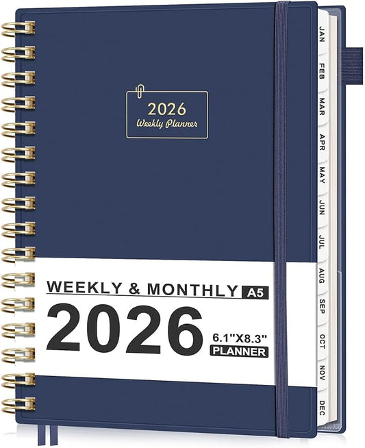 AHGXG 2026 Planner, Weekly and Monthly, Jan 2026 - Dec 2026, 12 Months, 2026 Calendar Planner Book with Tabs for Men Women School Home Office Supplies, A5 (6" X 8.38"), Blue