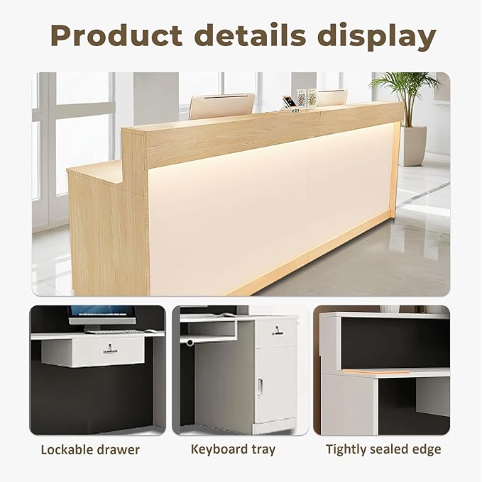 Modern Reception Desk Front Desk with LED Strip Lighting, Lockable Drawers, and Versatile Storage for Office, Checkout (White Maple/Regular Type, 86.61" L*23.62" W*39.37" H)