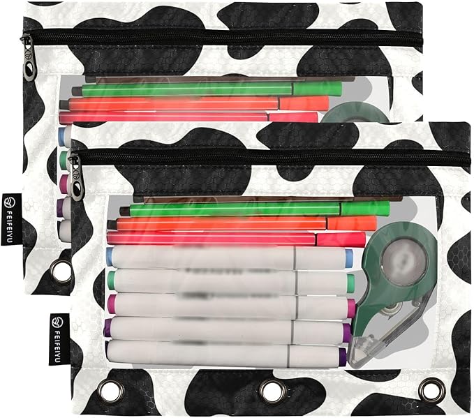 ALAZA Pencil Pouch for 3 Ring Binder, Cows Print Binder Pencil Pouches with Clear Window Zipper Pencil Case Cosmetic Bags for Office College Supplies, 2PCS