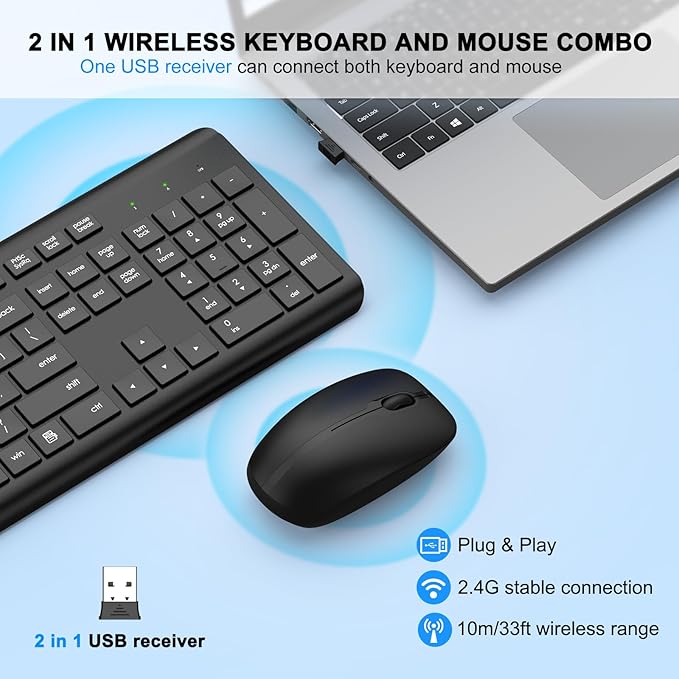 Wireless Keyboard and Mouse Combo, Full Size Silent Ergonomic Keyboard and Mouse, Long Battery Life, Optical Mouse, 2.4G Lag-Free Cordless Mice Keyboard for Computer, Mac, Laptop, PC, Window(8 Pack)