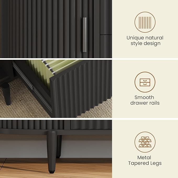 SEDETA 39.4" Filing Cabinet for Home Office, 2 Drawer File Cabinet, fit Legal/Letter/A4 Size, Modern Fluted Filing Cabinets with 2 Sliding Door Storage, Printer Stand, Black
