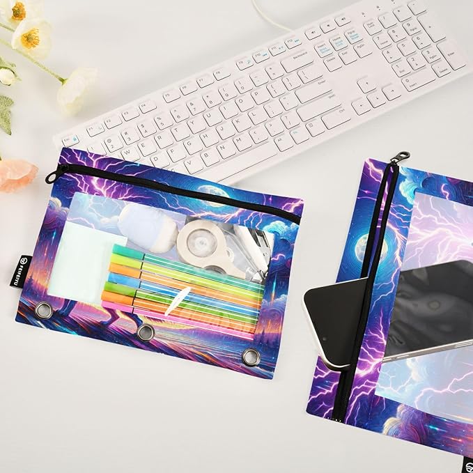 Wolf Howling in Moon Night Pencil Pouch for 3 Ring Binder, 2 Pack Waterproof Pencil Bags Clear Window Zipper School Office Supplies