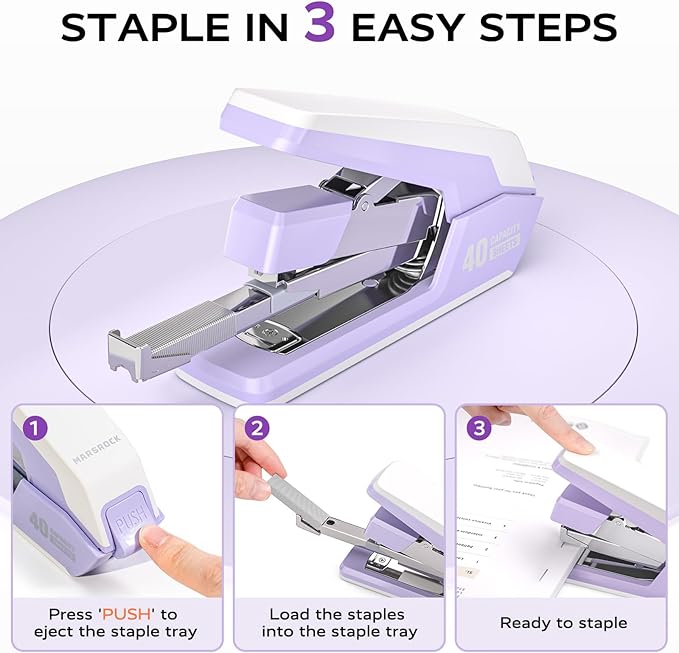 Effortless Stapler for Desk with 40-50 Sheet Capacity, 2000 Staples, 1-Touch Stapling, Ergonomic & Easy to Load Desktop Staplers, Heavy Duty Stapler, and Magnetic Staple Remover, Purple