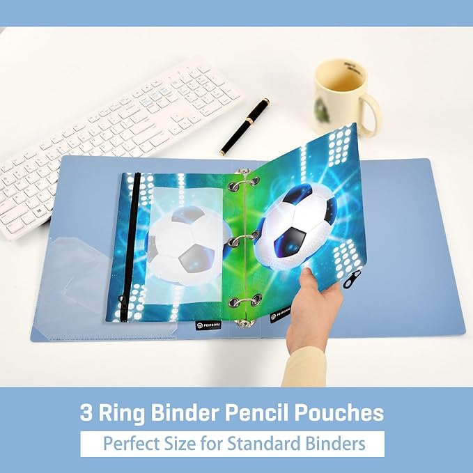 Soccer Ball on Field Pencil Pouch for 3 Ring Binder, 2 Pack Waterproof Pencil Bags Clear Window Zipper School Office Supplies