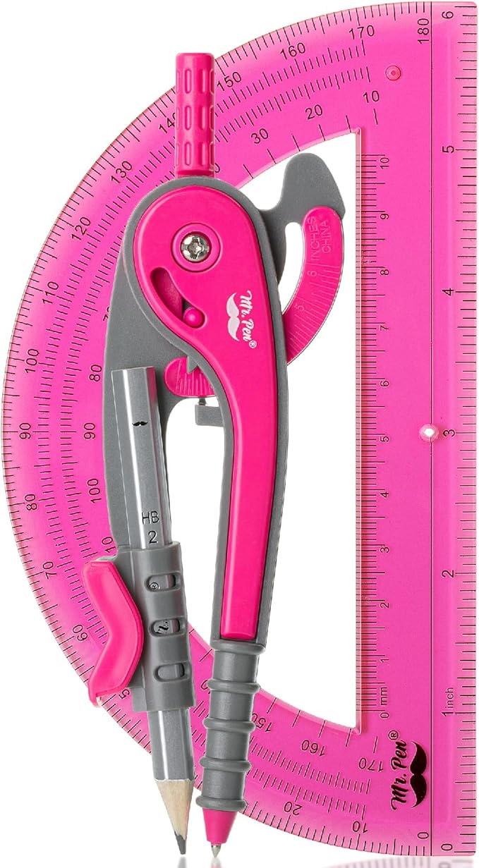 Mr. Pen- Compass and Protractor Set, Vivid Cerise, Compass Geometry Tool, Protractor and Compass Set, Compass Drawing Tool, Drawing Compass, Geometry Compass, Math Compass for Geometry