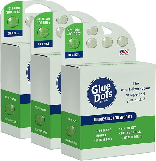 Glue Dots, Roll for everyday uses, 3-pack, ½”, .5 Inch, 900 Total Dots, Movable, Repositionable, Multi-Functional, Label Containers, Glue Stick and Tape Alternative, Clear
