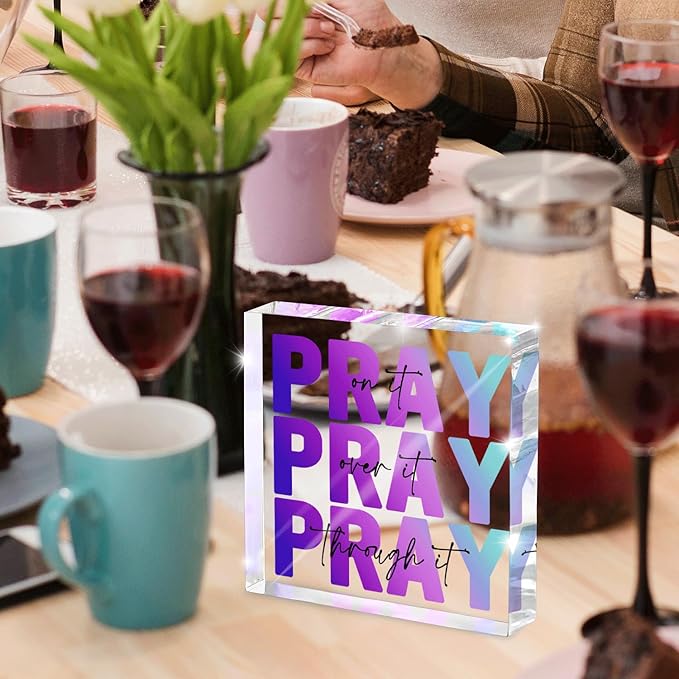 Inspirational Decor, Multicolor Dorm Room Decor for Women, Desk Decorations for Office, Ideal Christian Gifts for Women - Pray On It, Pray Through It - Bible Verse Desk Art, 4 x 4 inch