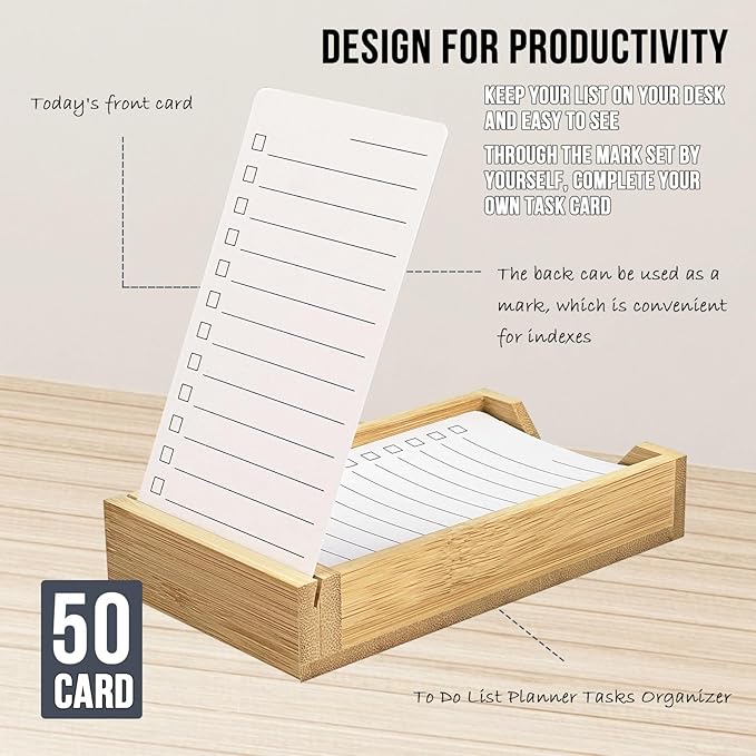 Daily To Do List Planner, Daily ToDo Checklist Cards and Bamboo Stand, 50 To Do Cards, Productivity System Planners Notebook for Work Office Accessories