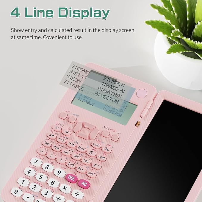 Rechargeable ROATEE 991ES MAX Scientific Calculators, CalcNote Multiview 4-Line Display with LCD Writing Tablet Notepad, Foldable Portable for Business High School College Students and Teacher(Pink)