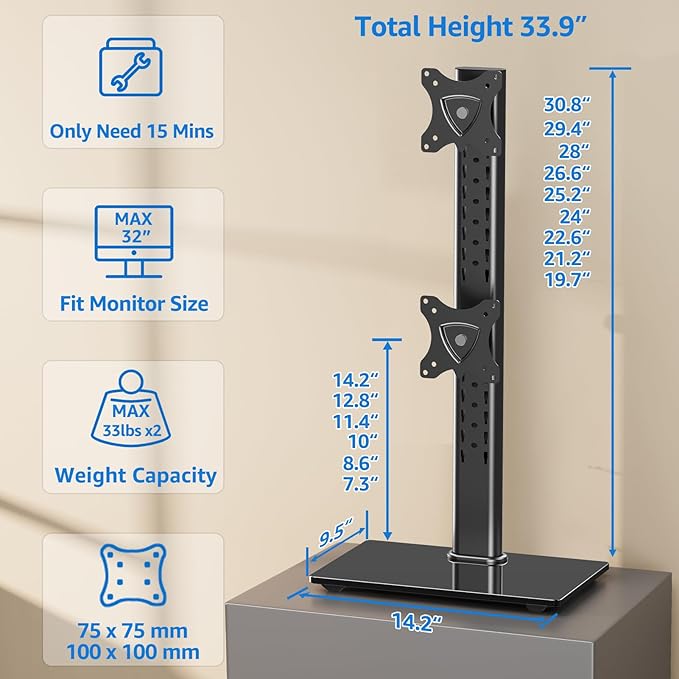 MOUNTUP Vertical Dual Monitor Stand, Stack Two Screens up to 32 inches,33 Lbs, Free-Standing Monitor Desk Mount, Monitor Riser with Swivel, Tilt, Height Adjustable, VESA Stand 100 x 100mm, 75 x 75mm