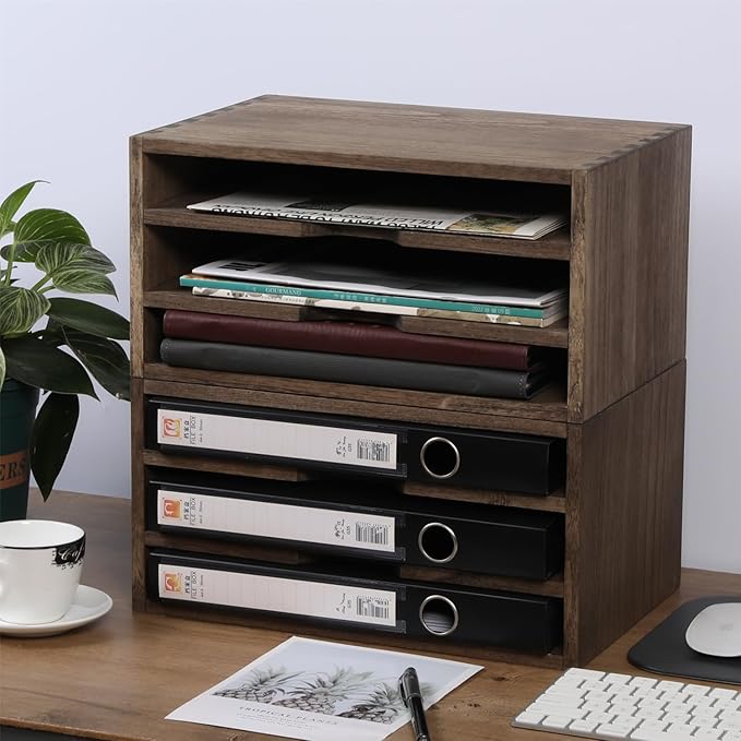 3-Tier Paper Storage Letter Tray File Sorter - Wood Desktop Document Organizer Holders with Mail Sorter, School & Home Magazine File Dividers for Office Accessories Dark(SJ3K-DK)