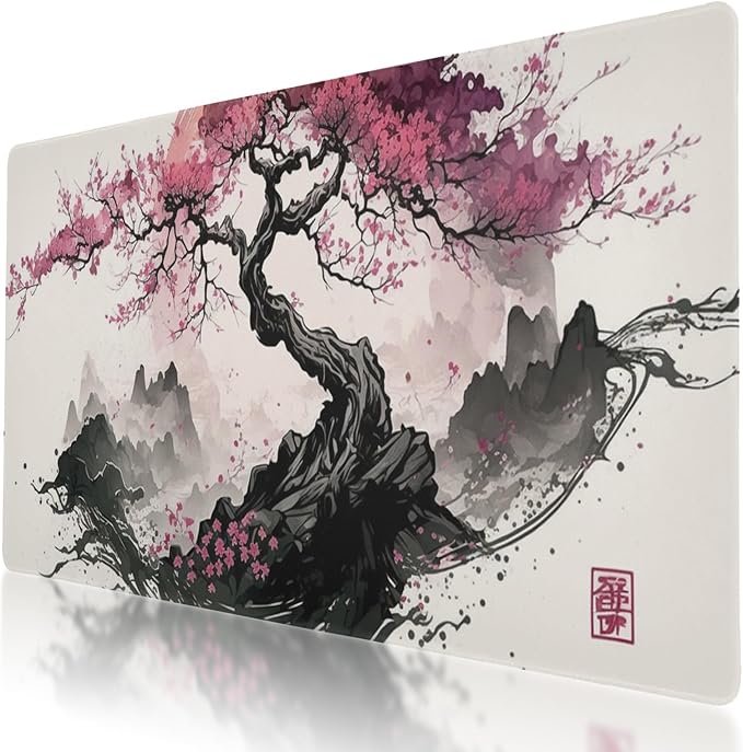 Japanese Art Style XL Mouse Pad - Non-Slip Mouse Pad Protector with Cherry Blossom Sakura Ink Design for Gaming and Work
