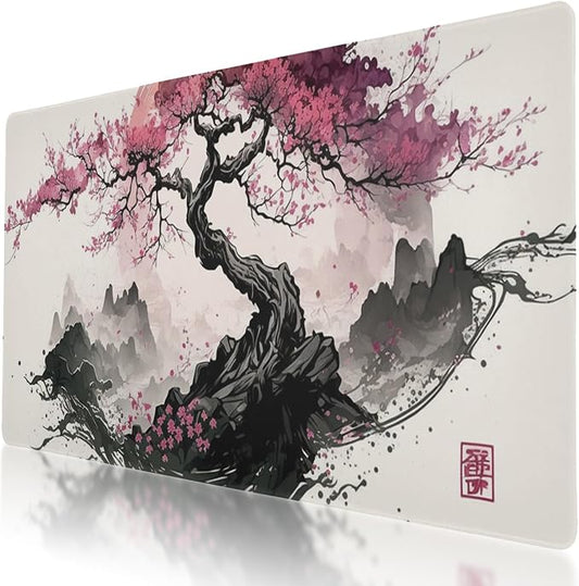 Japanese Art Style XL Mouse Pad - Non-Slip Mouse Pad Protector with Cherry Blossom Sakura Ink Design for Gaming and Work