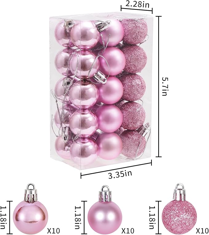 30ct Christmas Ball Ornaments, 1.18" Shatterproof Tree Decorations, Perfect Hanging Ball for Indoor/Outdoor Holiday Party Decor (Pink)