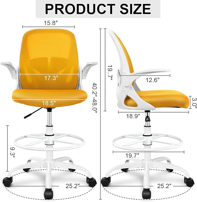 Primy Drafting Chair Tall Office Chair with Flip-up Armrests Executive Ergonomic Computer Standing Desk Chair with Lumbar Support and Adjustable Footrest Ring (Mustard)