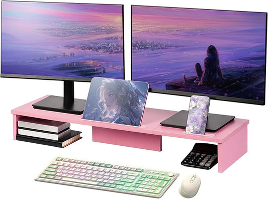 Dual Monitor Stand Riser with Phone Tablet Holder, 35.8in Large Monitor Stand for Desk, Computer Monitor Stand for 2 Monitors, Desk Shelf for Top of Desk, Desktop Organizer for Laptop, Printer, TV