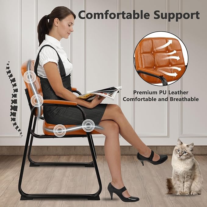 CLATINA Office Guest Chair, Leather Reception Chairs with Padded Arms, Desk Chair No Wheels Stationary for Conference Lobby Waiting Room Training Side Elderly, Set of 6-Orange