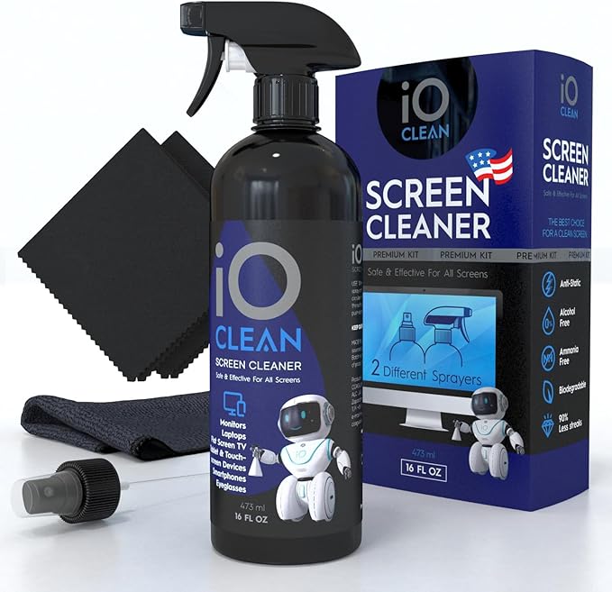 Screen Cleaner Spray (16oz - 473ml) – Best Large Cleaning Kit for LCD LED OLED TV, Smartphone, iPad, Laptop, Touchscreen, Computer Monitor, Electronic Devices, 3 Microfiber Cloths and 2 Nozzles